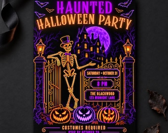 Halloween Party Invitation, Editable Canva Template | Adult Neon Haunted House Invite, Spooky Costume Party, Printable 5x7 Digital Invite
