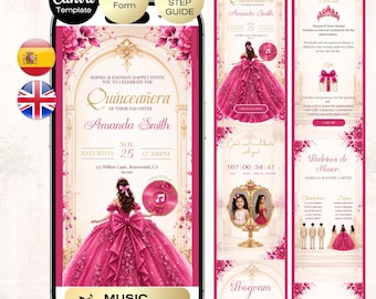 Quinceañera Invitation with RSVP Fuchsia | Sweet 16 Website RSVP & Countdown, 15th Birthday English Spanish Fuchsia Magenta Hot Pink