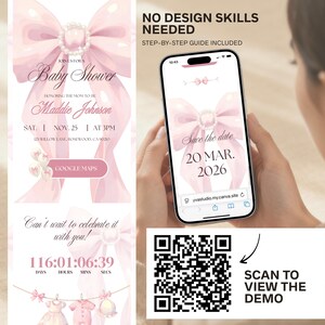 May include: A baby shower invitation featuring a pink bow design and the text "Baby Shower" and "Maddie Johnson". A smartphone displays a matching "Save the date" design for 20 March 2026. The image also includes a QR code.