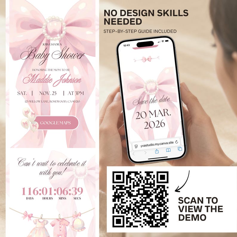 May include: A baby shower invitation featuring a pink bow design and the text "Baby Shower" and "Maddie Johnson". A smartphone displays a matching "Save the date" design for 20 March 2026. The image also includes a QR code.