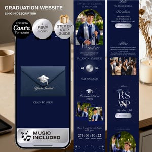 Może przedstawiać: Granatowy szablon strony internetowej z okazji ukończenia studiów wyświetlany na smartfonie. Projekt zawiera zaproszenie, formularz RSVP i instrukcję krok po kroku. Witryna zawiera zdjęcie absolwenta i szczegóły wydarzenia.