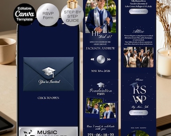 Graduation Invitation Website | Class of 2026 Graduation party | Graduation Invitation with RSVP  Navy blue silver Grad 2026 | He She did it