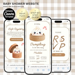 May include: Three smartphones displaying a baby shower website template. The design features a dumpling illustration, RSVP information, and a gift registry. The website is editable with Canva.