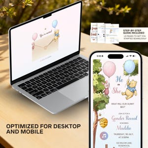 May include: A laptop and smartphone display a gender reveal invitation featuring Winnie the Pooh characters. The invitation includes the text "He or She" and "What will our Hunny Bee?" The design is optimized for desktop and mobile.