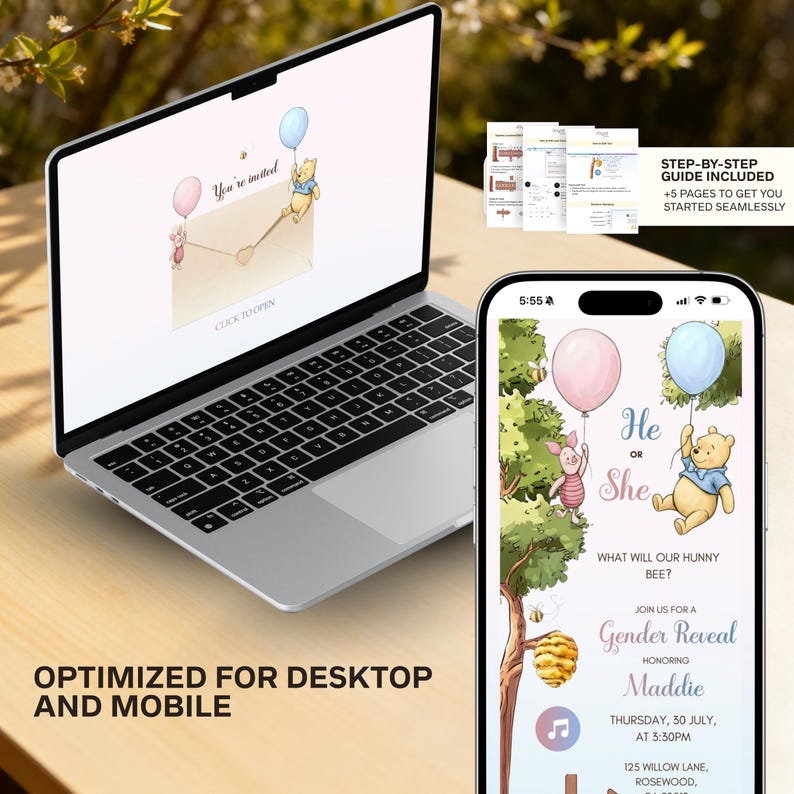 May include: A laptop and smartphone display a gender reveal invitation featuring Winnie the Pooh characters. The invitation includes the text "He or She" and "What will our Hunny Bee?" The design is optimized for desktop and mobile.