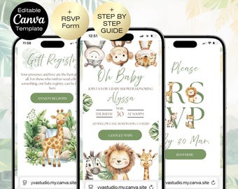 Safari Baby Shower Invitation Website + RSVP, Editable Jungle Animals Invite, Gender Neutral Safari Invite Template, Jungle Animals Safari