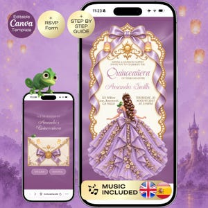 Quinceañera Rapunzel-inbjudan med OSA | Tangled Sweet 16-webbplatsredigerbar spårbar OSA och nedräkning Lila guld Engelska Spanska