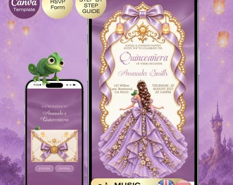 Quinceañera Rapunzel Invitation with RSVP | Tangled Sweet 16 Website Editable Trackable RSVP & Countdown Purple Gold English Spanish