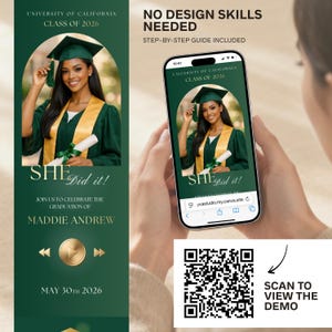 May include: A graduation announcement design featuring a graduate in a cap and gown, with the text "SHE Did it!" and "University of California Class of 2026." The announcement includes a QR code and the text "Scan to view the demo."