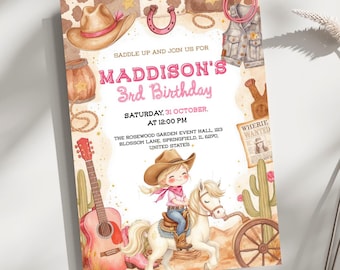Invitación editable de cumpleaños de niña rodeo, invitación de cumpleaños de vaquera, invitación de primer cumpleaños de niña rodeo, invitación de cumpleaños de rodeo rosa