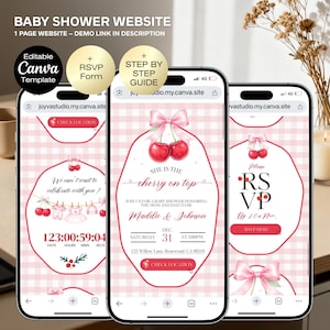 Może przedstawiać: Trzy ekrany smartfonów wyświetlające szablon strony internetowej na baby shower. Projekt zawiera różowe tło w kratkę, ilustracje wiśni i tekst, taki jak "She is the cherry on top" i informacje RSVP. Strona internetowa jest przeznaczona na baby shower.