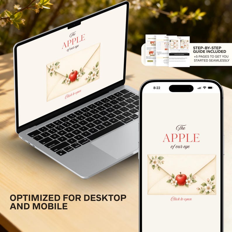 May include: A laptop and a smartphone displaying a digital invitation template with the text The APPLE of our eye, featuring an envelope illustration with a red apple and white blossoms. A step-by-step guide is included for this digital product.