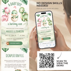 Dinosaur Baby Shower Invitation website with RSVP Tracker | A little Dino Baby Shower Invite | Digital Baby Shower Baby Boy Hatching soon image 3