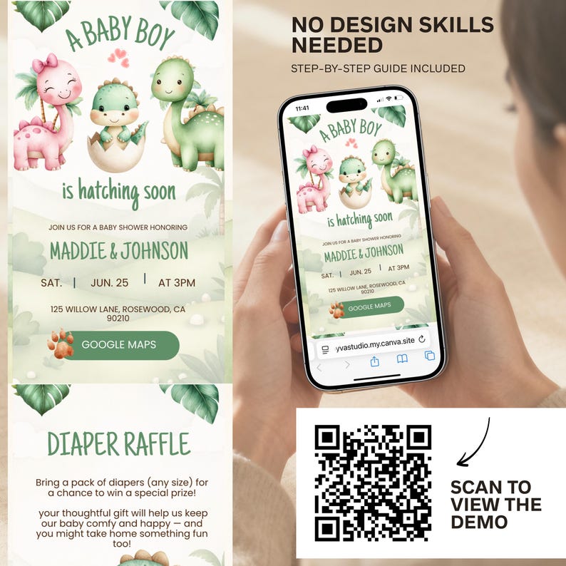 Dinosaur Baby Shower Invitation website with RSVP Tracker | A little Dino Baby Shower Invite | Digital Baby Shower Baby Boy Hatching soon image 3