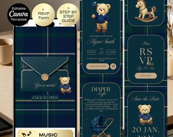 Preppy Bear Baby Shower Website with RSVP | Classic Tartan Teddy Theme | Navy & Green Baby Boy Invitation | Editable Canva Digital Invite