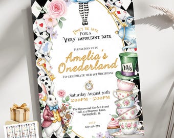 Alice in Wonderland-uitnodiging, Onederland-uitnodiging, 1e verjaardag meisje uitnodiging, grillige Tea Party uitnodiging, bewerkbare sjabloon, fee
