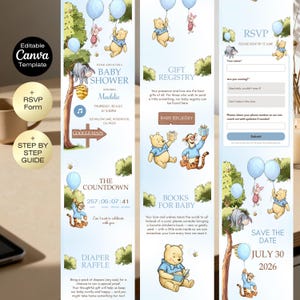 May include: A baby shower invitation template featuring Winnie the Pooh characters, blue balloons, and event details. Includes RSVP, gift registry, and diaper raffle information. The date is July 30, 2026.