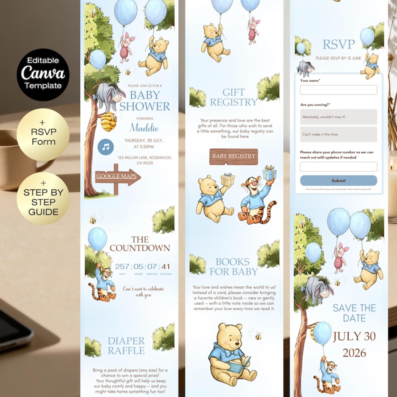 May include: A baby shower invitation template featuring Winnie the Pooh characters, blue balloons, and event details. Includes RSVP, gift registry, and diaper raffle information. The date is July 30, 2026.