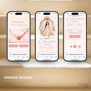 May include: Three smartphones displaying Quincea&ntilde;era invitations. The first phone shows a pink envelope design with gold accents and the text "Maddie's Quincea&ntilde;era." The second phone features a photo of a woman in a pink dress. The third phone shows event details.