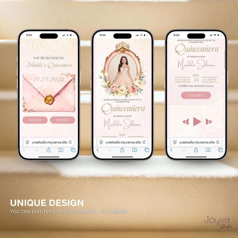 May include: Three smartphones displaying Quincea&ntilde;era invitations. The first phone shows a pink envelope design with gold accents and the text "Maddie's Quincea&ntilde;era." The second phone features a photo of a woman in a pink dress. The third phone shows event details.