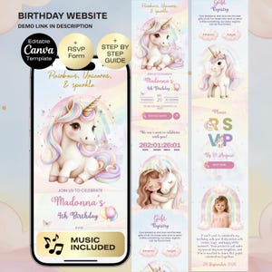 May include: A digital birthday website template featuring a unicorn theme. The design includes a smartphone mockup with the text "Rainbows, Unicorns, & sparkle" and "Join us to celebrate Madonna's 4th Birthday". Additional elements include RSVP and gift registry information.