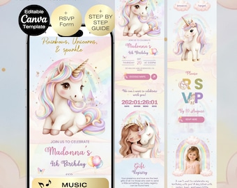 Unicorn Birthday Invitation website with RSVP | Magical Rainbow Unicorn Fairytale Birthday Party | Princess First birthday invitation Girl