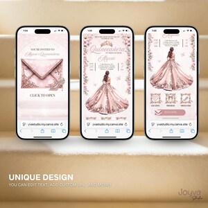 May include: Three smartphone screens displaying Quincea&ntilde;era invitations. The first shows a pink envelope design with a high heel. The second and third screens feature a pink gown design with event details. The text reads "Unique Design, You can edit text, add custom URL, and more!"