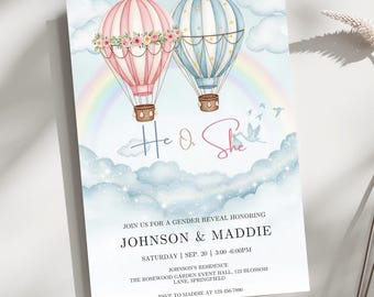 Balloons Gender Reveal Invitation| Whimsical Hot Air Balloons Gender Reveal Party Invite | Balloons boy or girl | Editable Invite