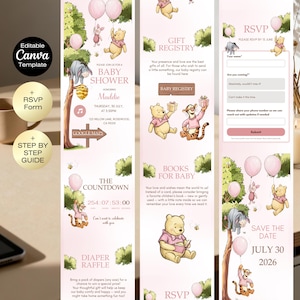 May include: Pink baby shower invitation template featuring Winnie the Pooh characters, balloons, and event details. Includes RSVP, gift registry, diaper raffle, and book requests. Editable Canva template.