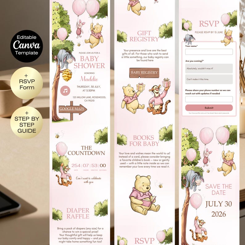 May include: Pink baby shower invitation template featuring Winnie the Pooh characters, balloons, and event details. Includes RSVP, gift registry, diaper raffle, and book requests. Editable Canva template.