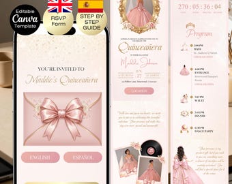Quinceañera Digital Invitation with RSVP | Sweet 16 Website Editable Trackable RSVP & Countdown, 15th Birthday English Spanish Canva Invite