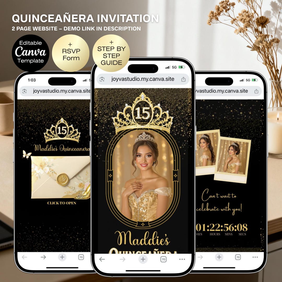 Quinceanera Digital Invitation Gold Sweet 15 Editable Birthday Invite ...