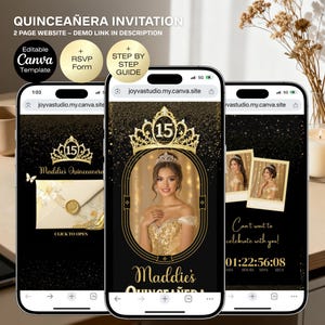 May include: Three smartphones displaying a Quinceañera invitation. The invitation features a gold and black design with a photo of a young woman in a gold dress. Text includes "Quinceañera Invitation" and "Maddie's Quinceañera". Additional elements include a countdown timer.