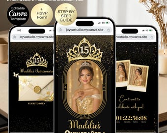 Quinceanera Digitale Einladung Gold Sweet 15 Bearbeitbare Geburtstagseinladung Quinceamaßa Party Vorlage Anklickbares Antwort-Formular Sofortiger Download