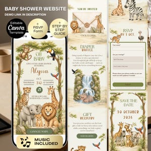May include: A baby shower website template with a safari theme. The design includes illustrations of various animals, such as lions, giraffes, and elephants. The website features an RSVP form, a diaper raffle, and a gift registry. The text includes the date, time, and location of the baby shower.