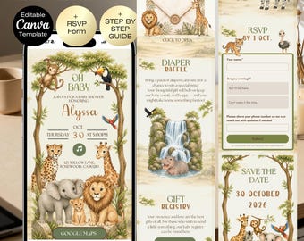 Safari Baby Shower Invitation Website + RSVP, Editable Jungle Animals Invite, Gender Neutral Safari Invite Template, Jungle Animals Safari