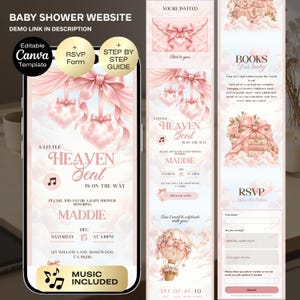 Puede incluir: Una plantilla de sitio web para baby shower con una paleta de colores rosa suave, nubes, lazos y detalles en forma de corazón. El diseño incluye el texto A Little Heaven Sent Is On The Way, Maddie y detalles de RSVP en una interfaz móvil.