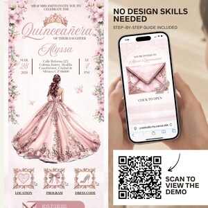 May include: A pink Quincea&ntilde;era invitation with floral accents and the name "Alyssa." The invitation includes event details and a QR code to view a demo. A phone displays the invitation.