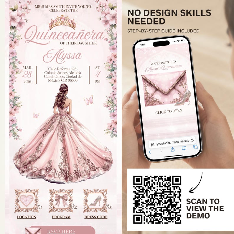 May include: A pink Quincea&ntilde;era invitation with floral accents and the name "Alyssa." The invitation includes event details and a QR code to view a demo. A phone displays the invitation.