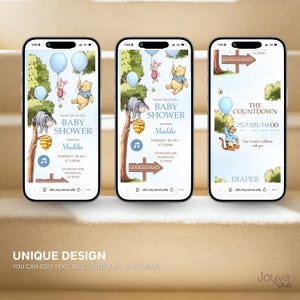 May include: Three smartphones displaying baby shower invitations with Winnie the Pooh characters. The invitations feature blue balloons, illustrations of Pooh, Piglet, Eeyore, and Tigger, and event details. The bottom of the image reads "UNIQUE DESIGN".