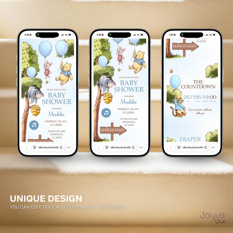 May include: Three smartphones displaying baby shower invitations with Winnie the Pooh characters. The invitations feature blue balloons, illustrations of Pooh, Piglet, Eeyore, and Tigger, and event details. The bottom of the image reads "UNIQUE DESIGN".