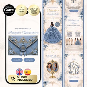 May include: A digital Quinceañera invitation template displayed on a smartphone screen, featuring a blue envelope with floral accents, a countdown timer, photo frames, and RSVP details in a blue and gold color scheme with elegant typography.