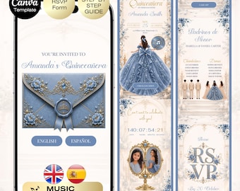 Quinceañera Invitation with RSVP Dusty Blue | Sweet 16 Website RSVP & Countdown, 15th Birthday English Spanish Light Blue | 15 años