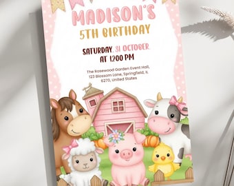 Pink Farm Birthday Invitation: Floral Barnyard Animals (Editable Canva Template)
