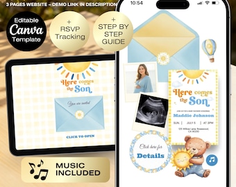Here Comes the Son Baby Shower Invitation Website RSVP, Here Comes the Son Baby Shower, Sunshine Baby shower, Sun Baby Shower Blue envelope