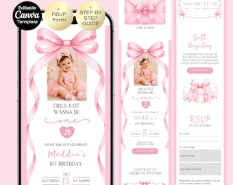 Girls Just Wanna Be ONE Website Template | Pink Bow First Birthday Invitation | Coquette Birthday Theme | Editable Canva Website Invite