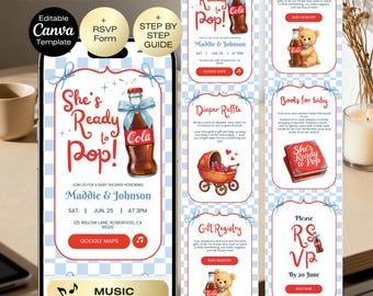 She's ready to pop Baby Shower invitation website with RSVP | Soda Baby Shower | Retro Baby Shower Invite | Boy baby shower with music