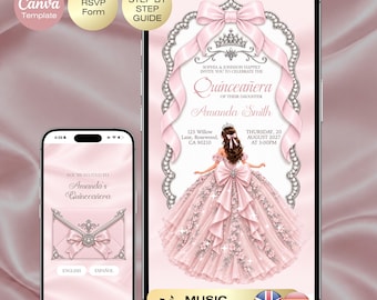 Blush Pink Quinceañera Invitation with RSVP | Sweet 16 Website RSVP & Countdown, 15th Birthday English Spanish Pink Silver Royal Mis 15 anos