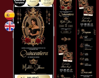 Quinceañera Masquerade Invitation with RSVP | Masquerade Birthday Website Editable Trackable RSVP | Black Gold Red Quince English Spanish
