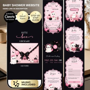 May include: An editable digital baby shower website template featuring a pink and black Halloween theme with ghost illustrations, pumpkins, and bats. The layout includes sections for event details, a gift registry, book requests, and an RSVP form.